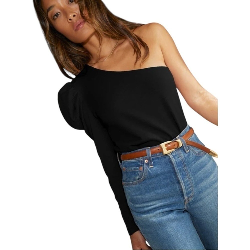 Nation LTD Sabrina One Shoulder Party Tee Shirt Jet Black Medium $125